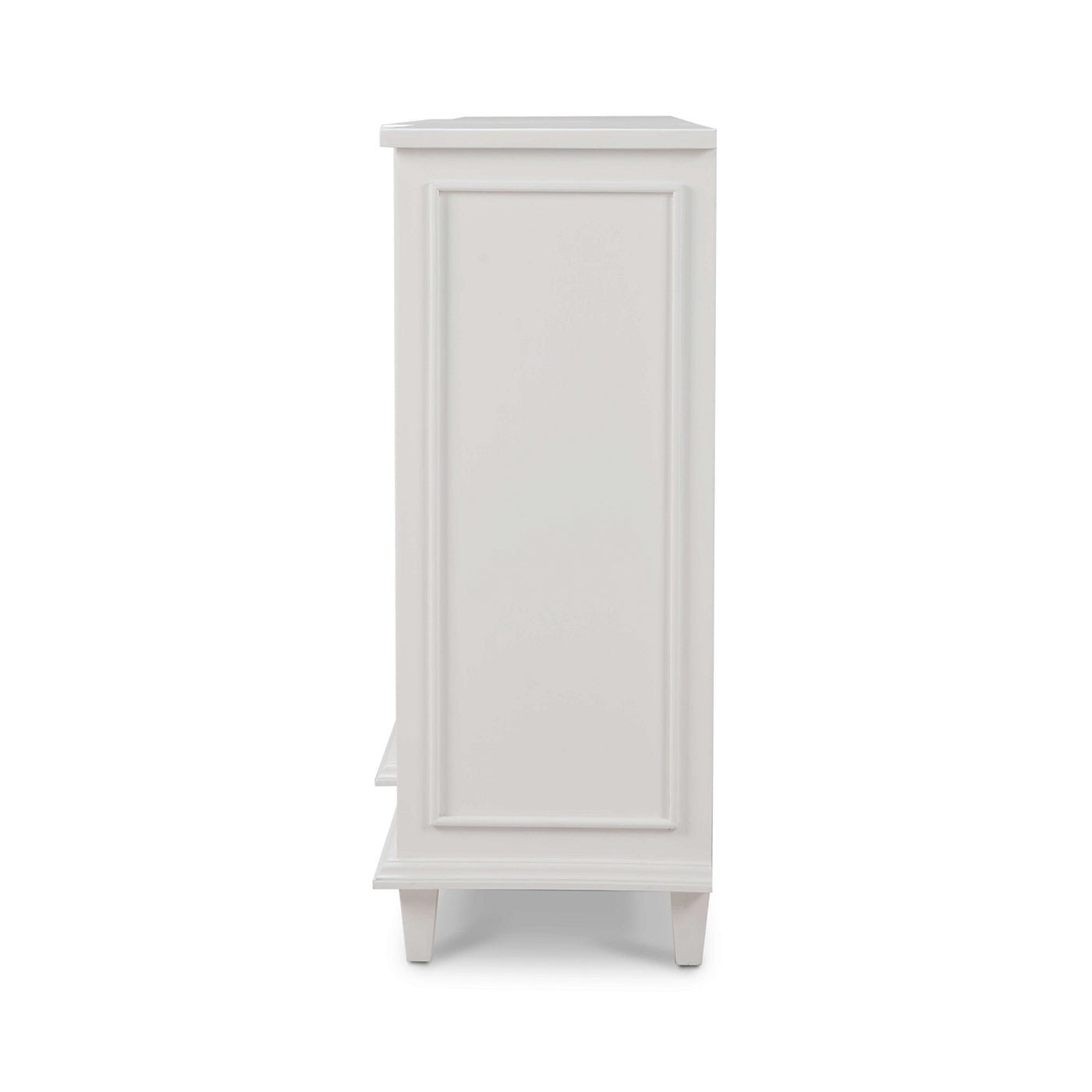 White mid-century credenza, side view, panel detailing.