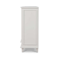 White mid-century credenza, side view, panel detailing.
