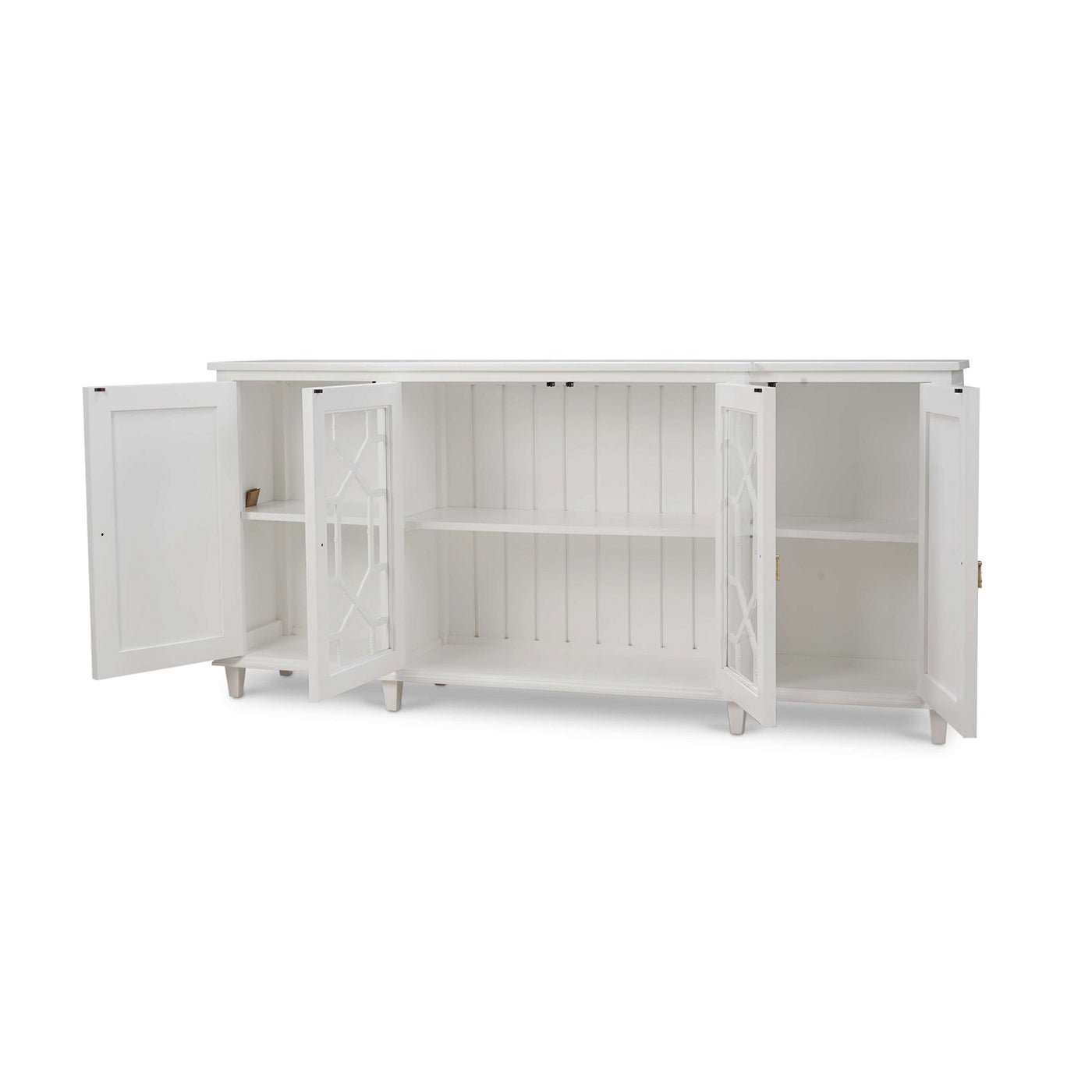 White mid-century credenza, open doors, shelving visible inside.