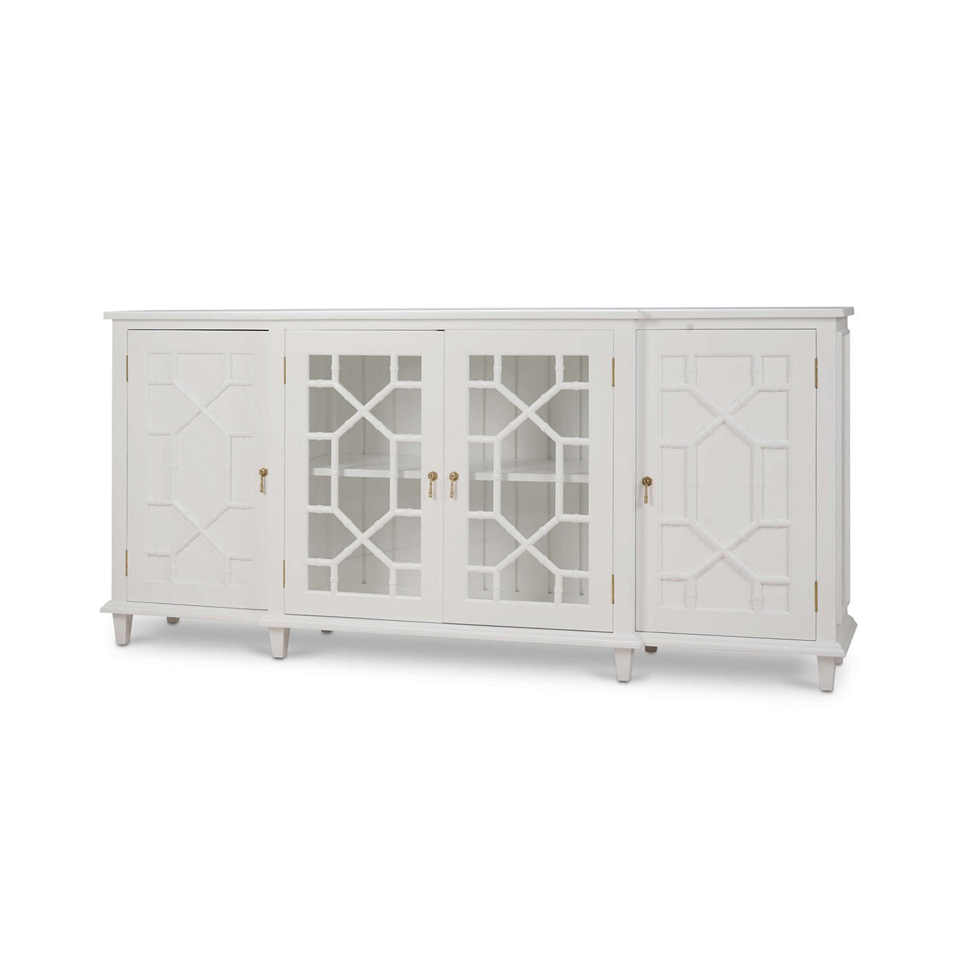 White mid-century credenza, angled view, glass door details.