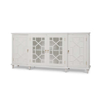 White mid-century credenza, angled view, glass door details.