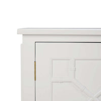 White mid-century credenza, corner detail, hinge visible.