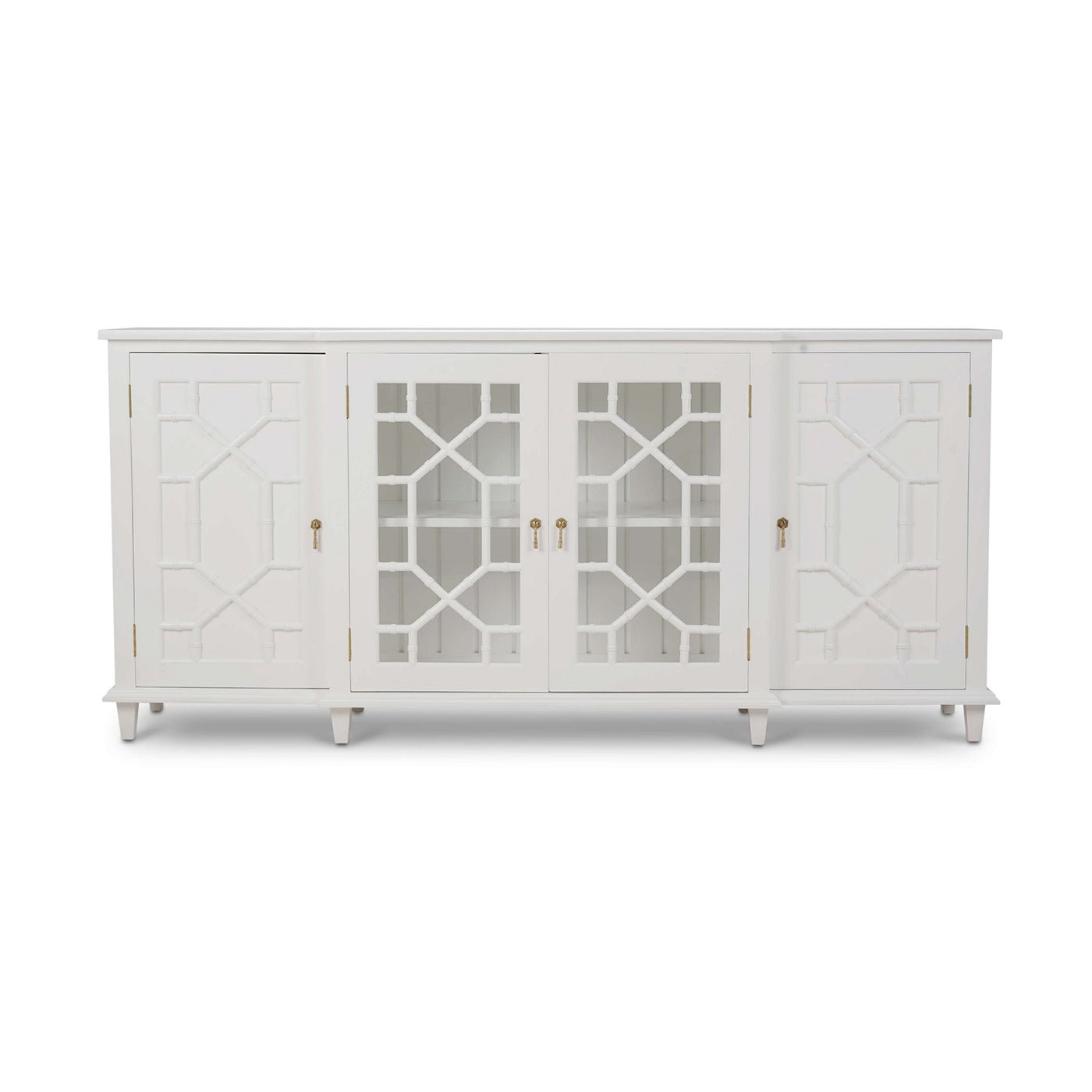 White mid-century credenza, front view, intricate panel design.