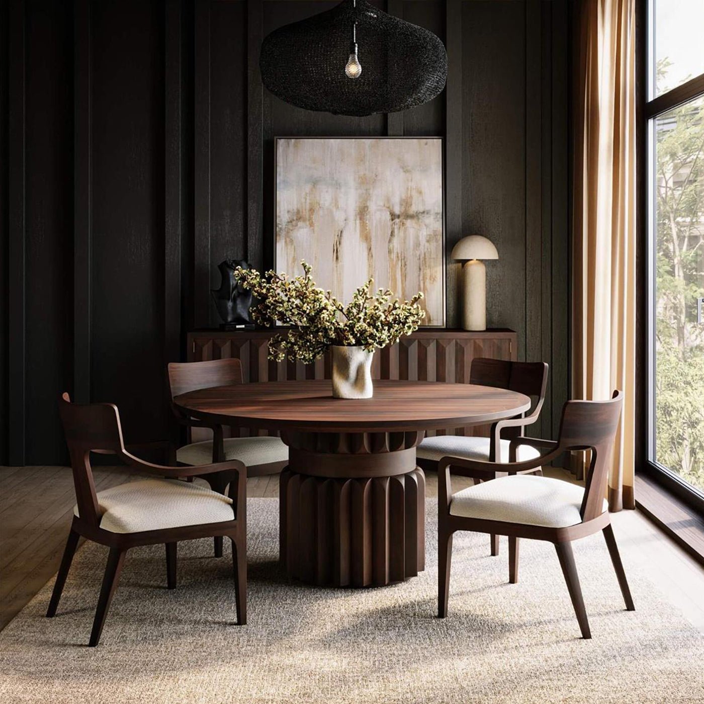 Dining set featuring walnut armchairs around a table.