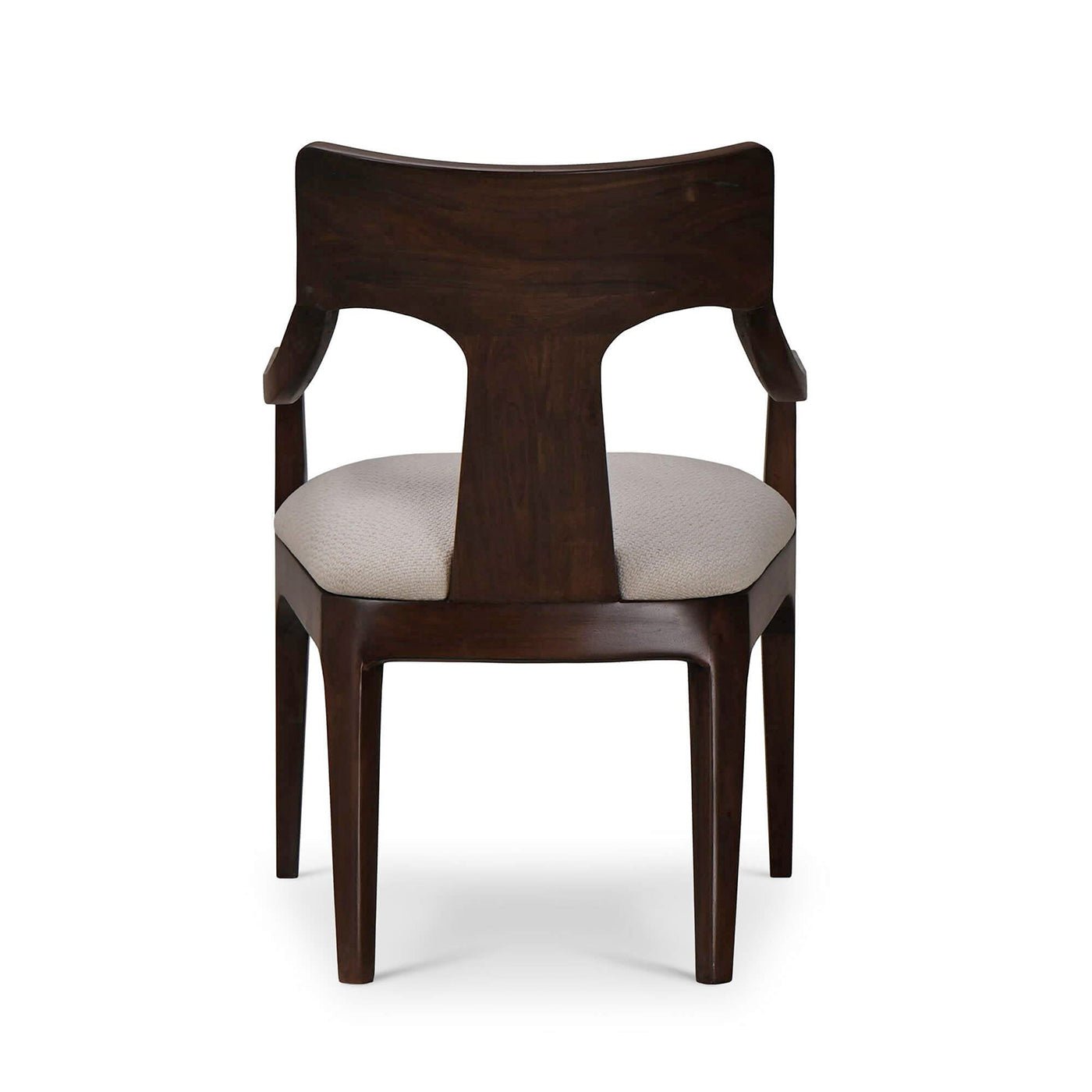 Back view of walnut finish dining armchair.