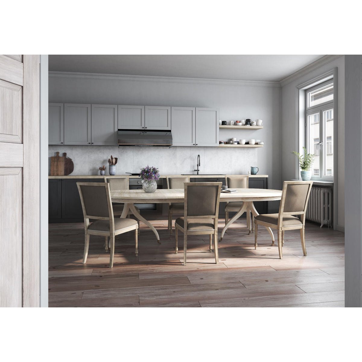 Dining table with chairs in modern kitchen setting.