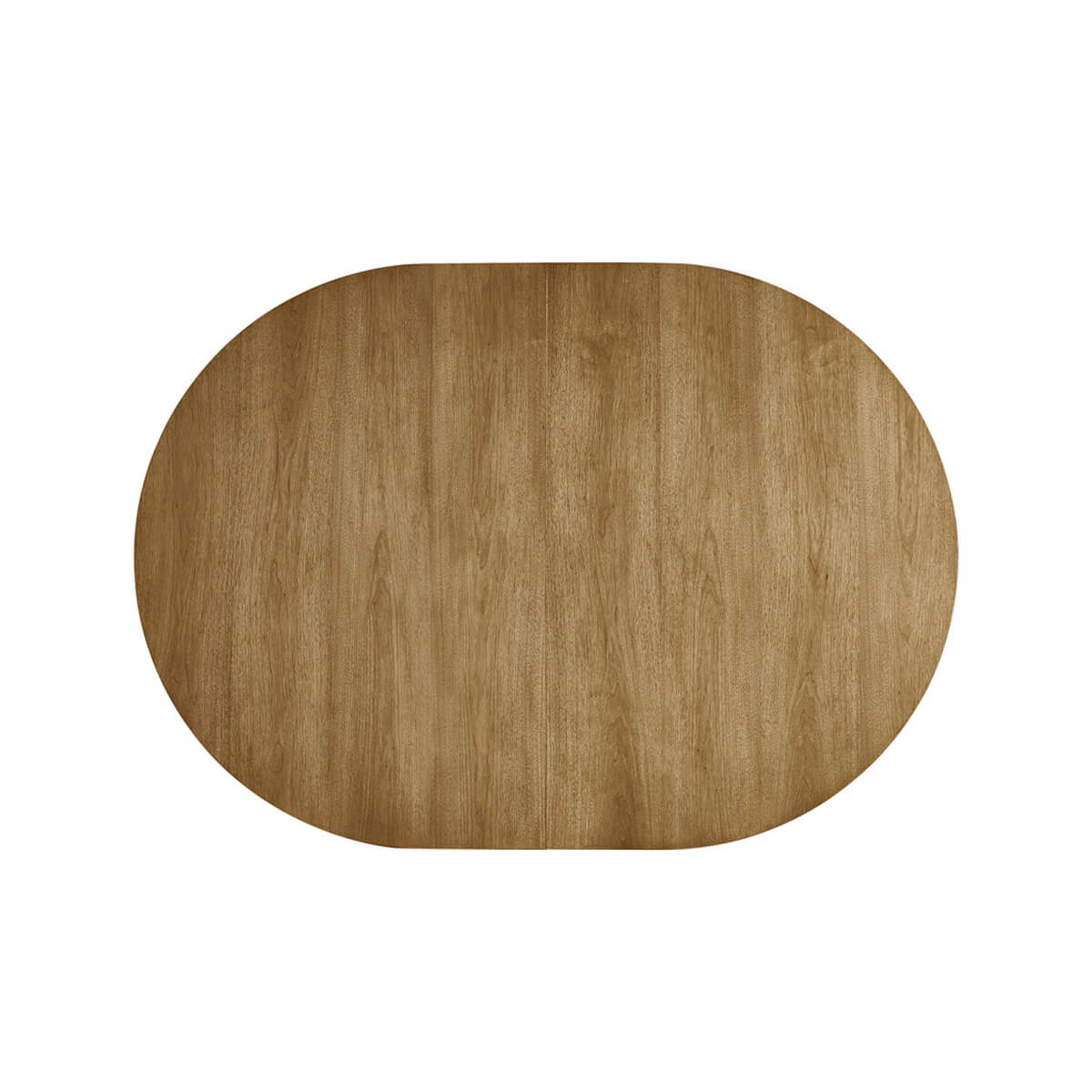 Top view of oval dining table, wooden texture visible.