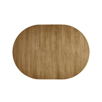 Top view of oval dining table, wooden texture visible.