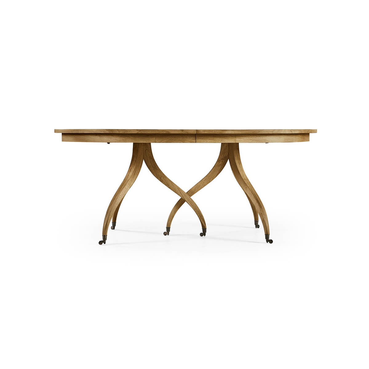 Side profile of dining table, detailed wooden legs.