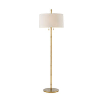 Elegant gold floor lamp with white shade, full view.