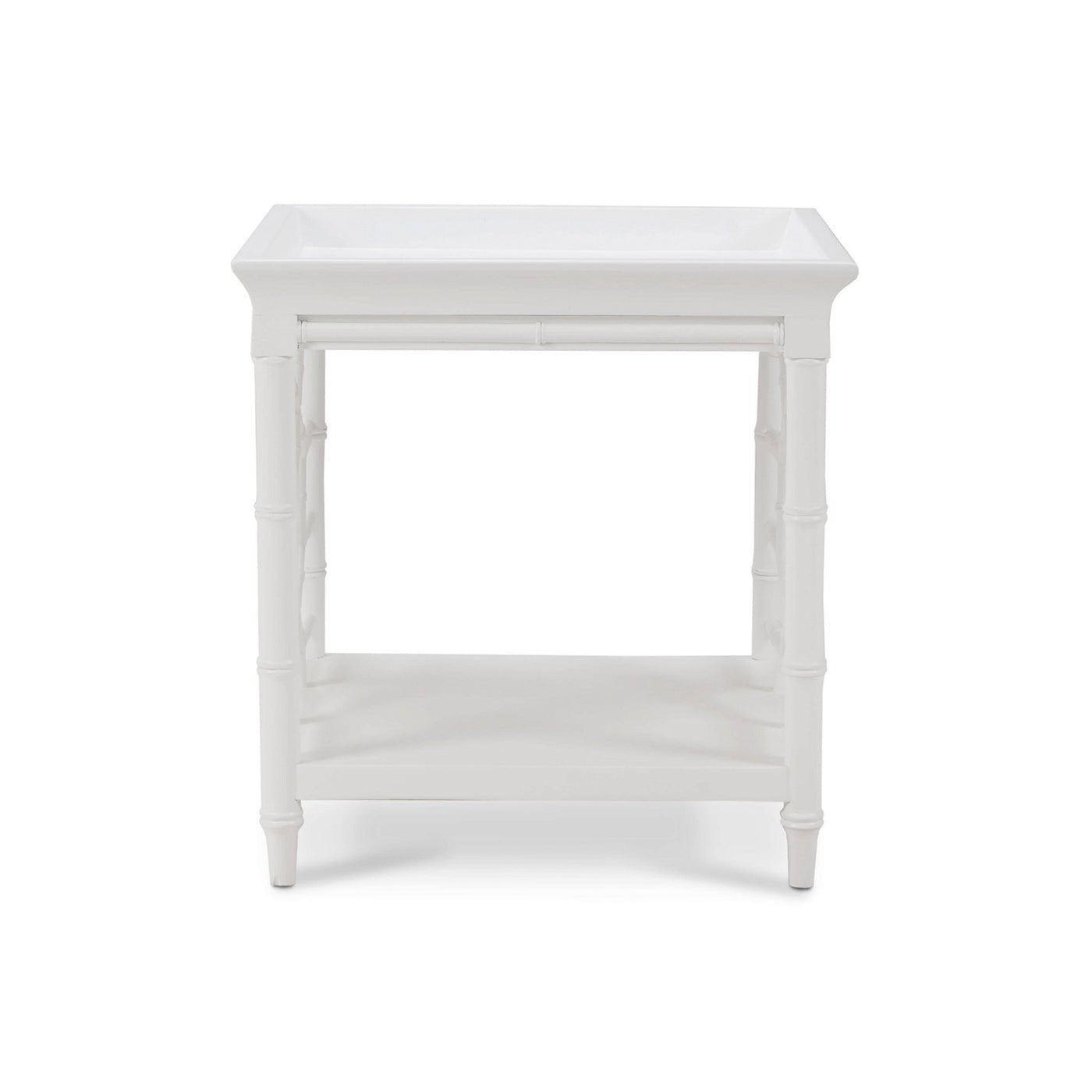 Mid-century white accent table straight front view.