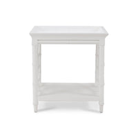 Mid-century white accent table straight front view.