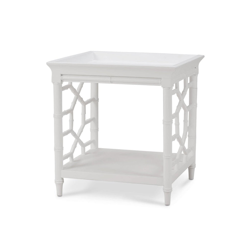 Mid-century white accent table angled front view.