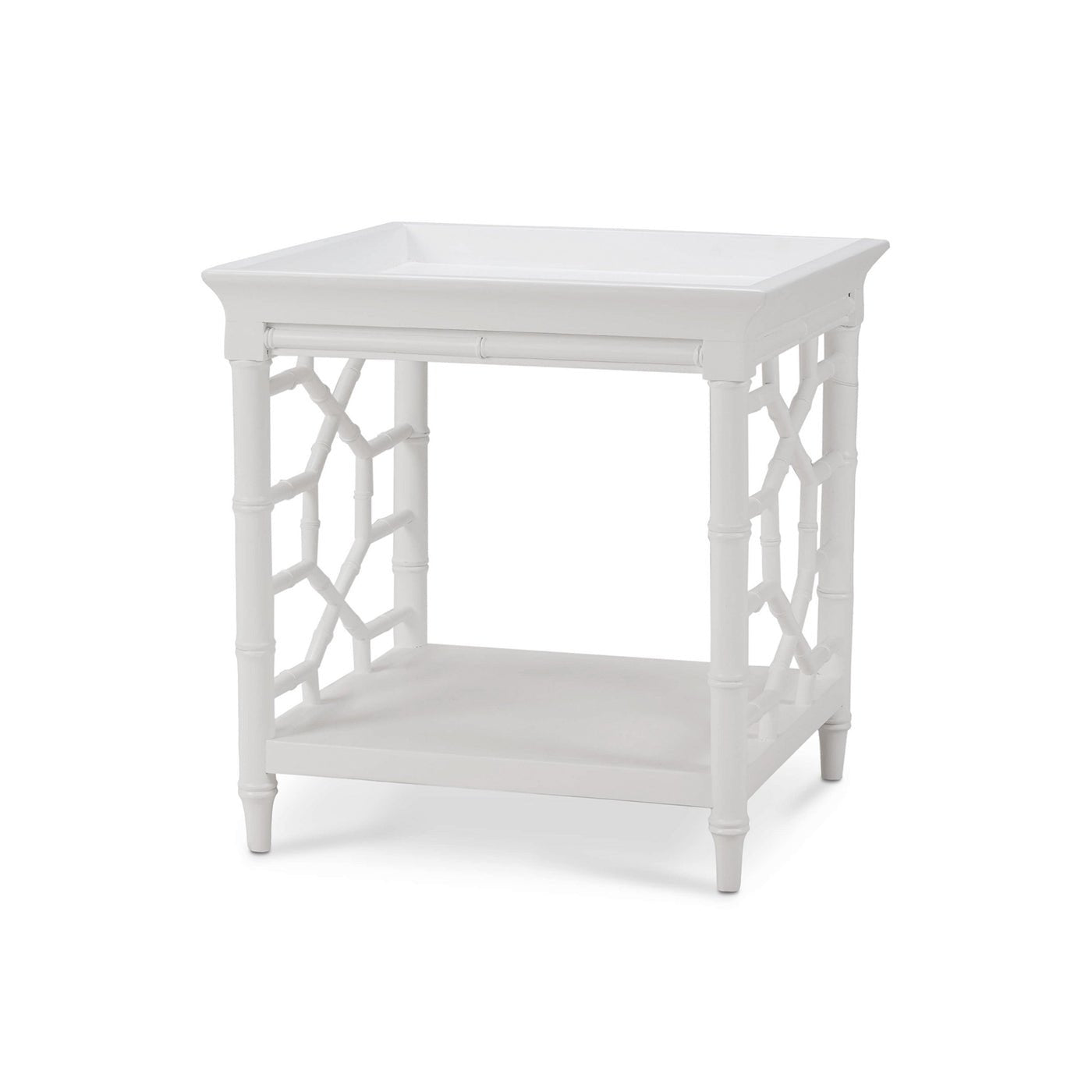 Mid-century white accent table angled front view.