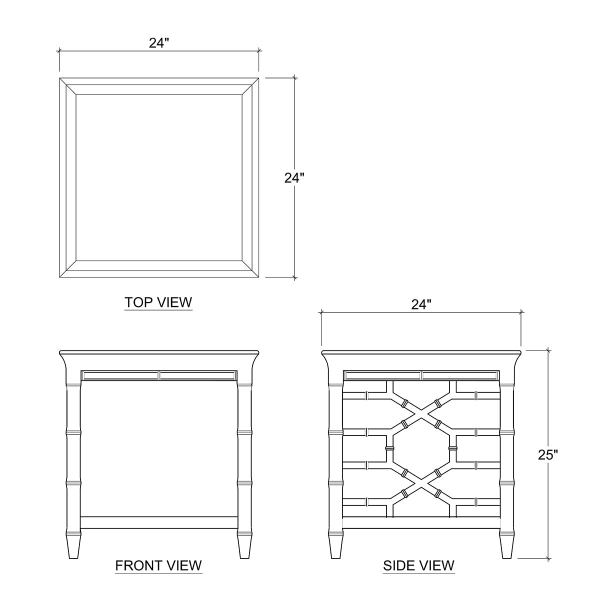 Mid-century white accent table dimensions diagram.