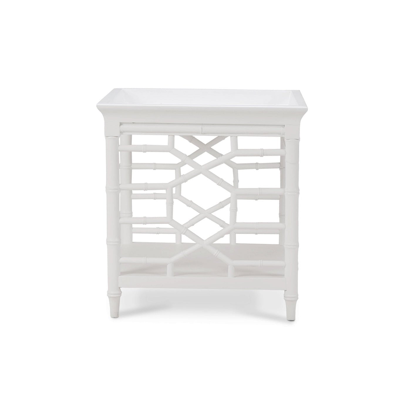 Mid-century white accent table side design view.