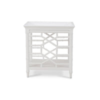 Mid-century white accent table side design view.