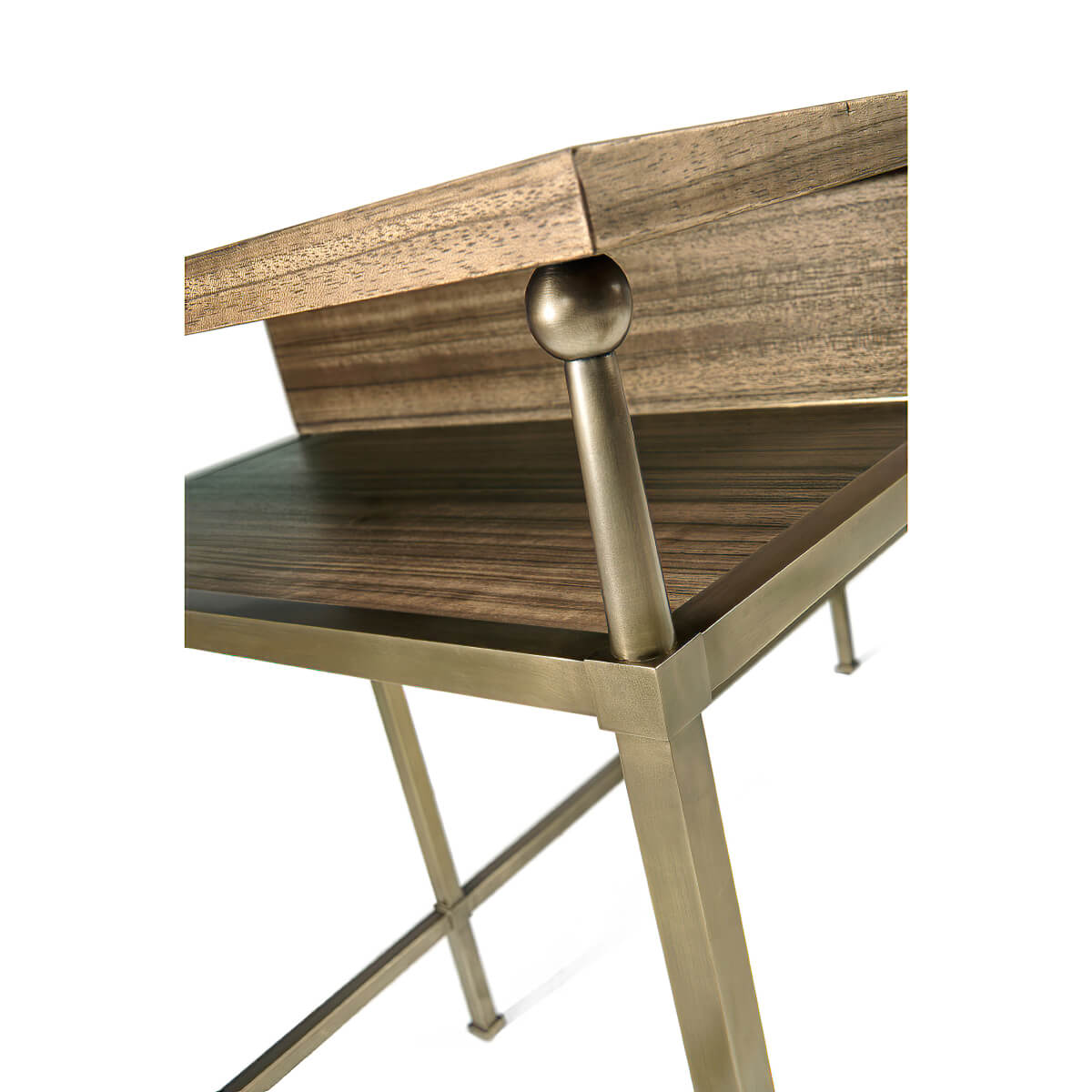 Close-up of desk top and metal frame details.