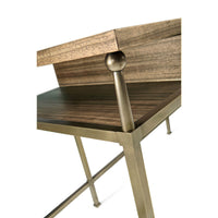 Close-up of desk top and metal frame details.