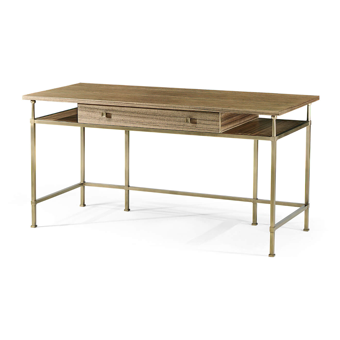 Mid-century wooden desk with metal legs, angled view.