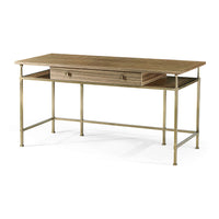 Mid-century wooden desk with metal legs, angled view.