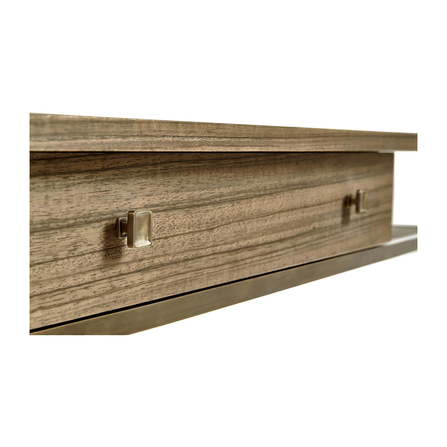 Close-up of mid-century desk drawer handles.