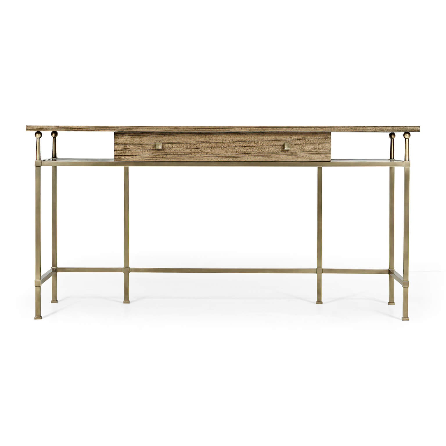 Front view of a mid-century desk with drawer.