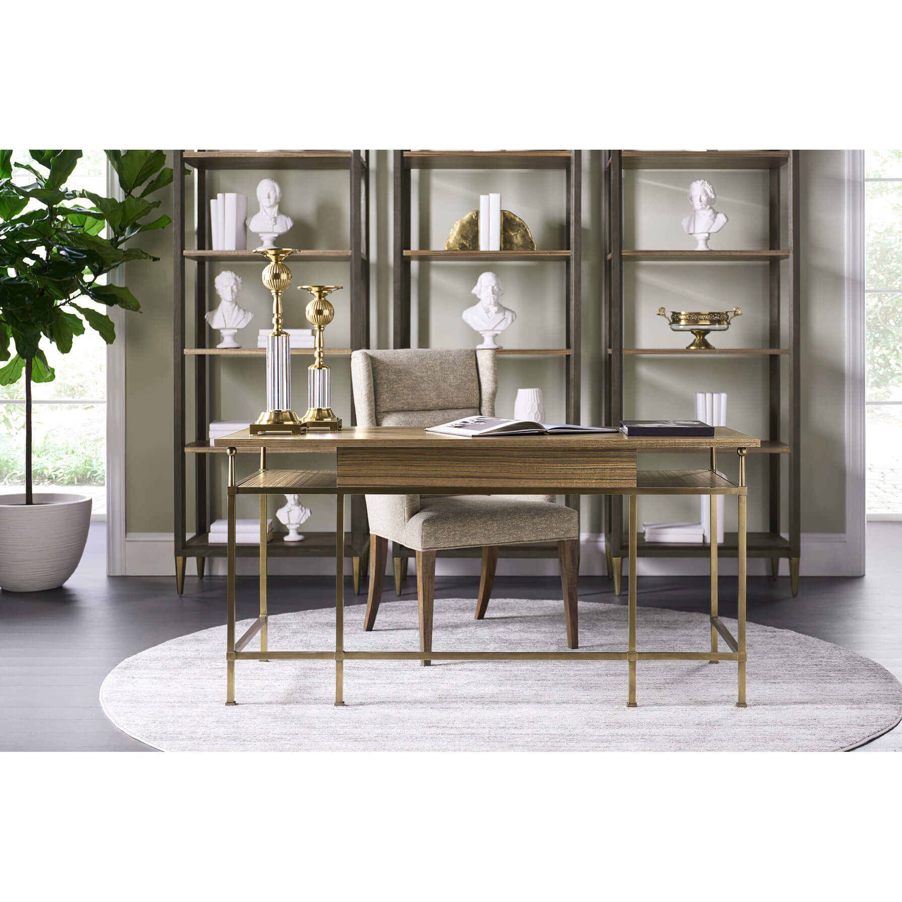 Mid-century desk in home office setting, full view.