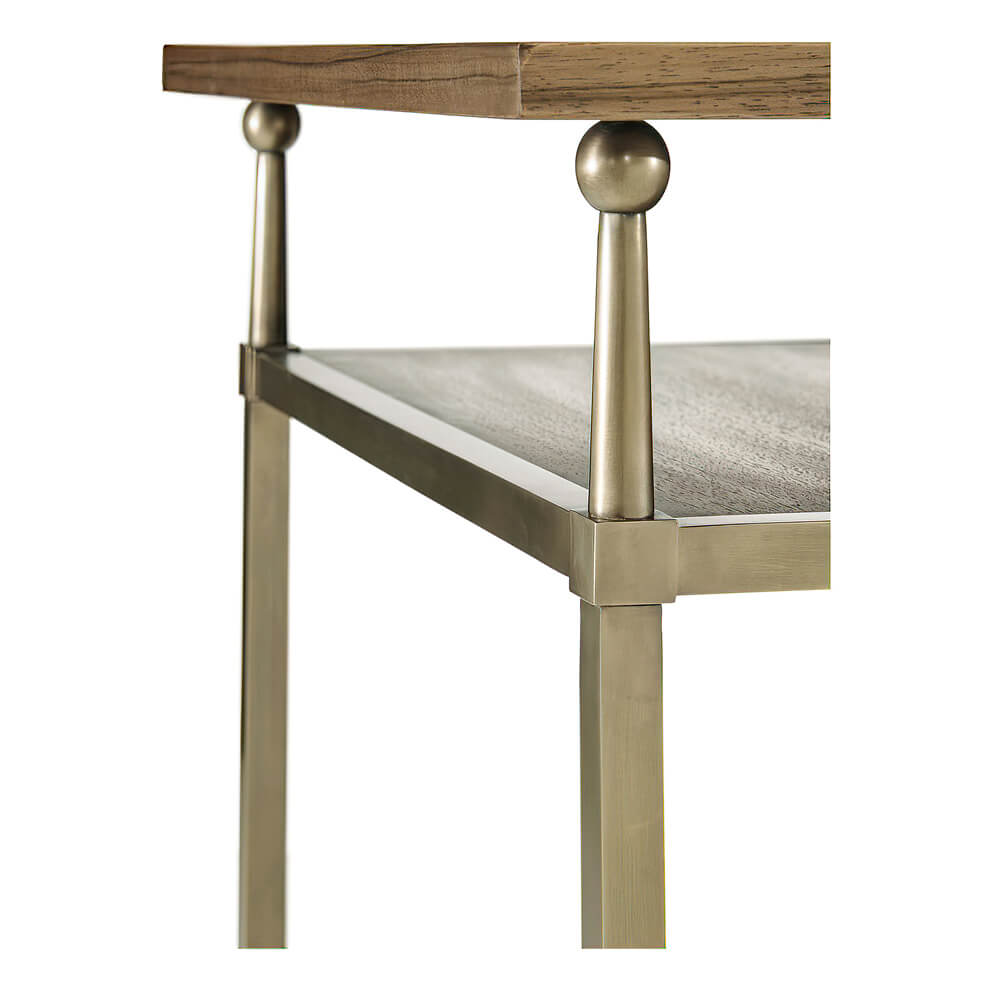 Desk corner detail showcasing metal frame and leg design.