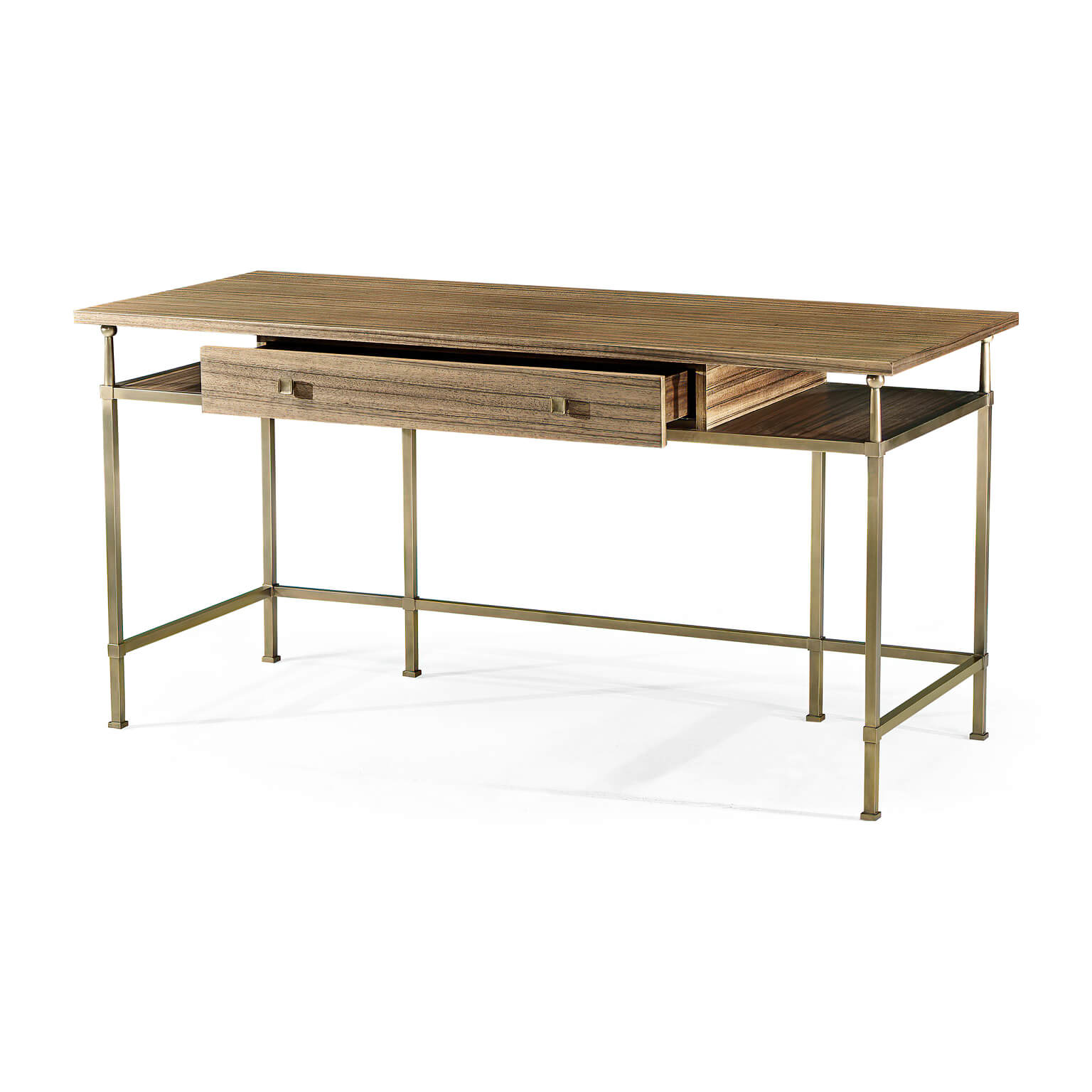 Mid-century desk with drawer partially open, side angle.