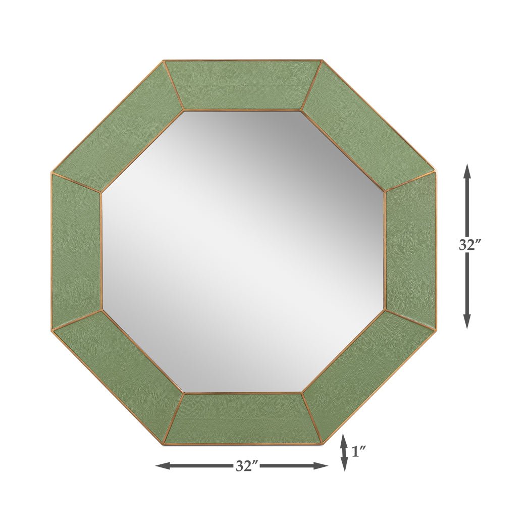 Green octagonal leather mirror with dimensions shown.