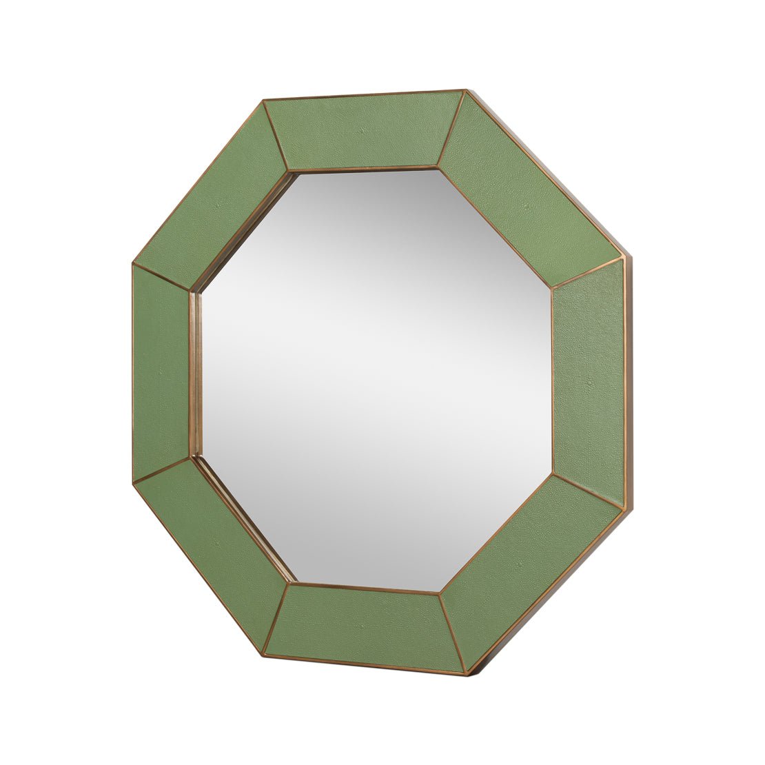 Side angle of green octagonal leather mirror.