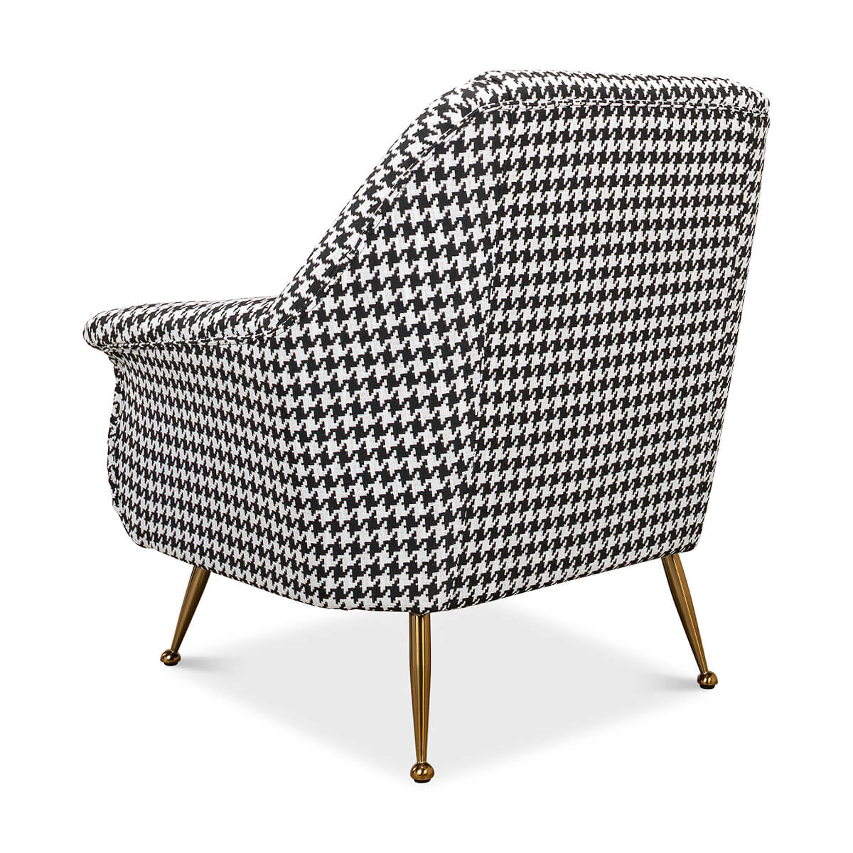 Rear angled view of houndstooth mid-century armchair.
