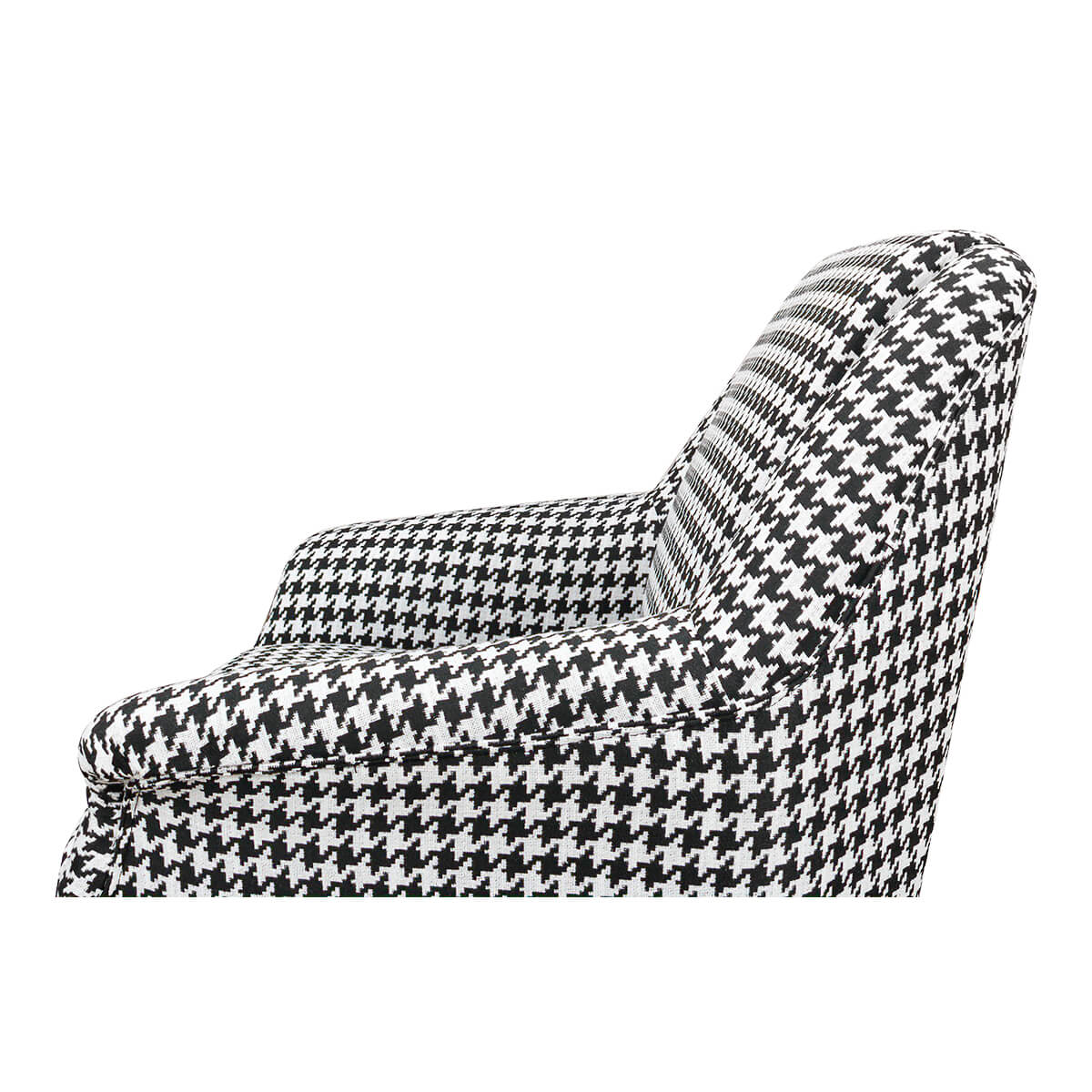 Side armrest detail of houndstooth mid-century armchair.