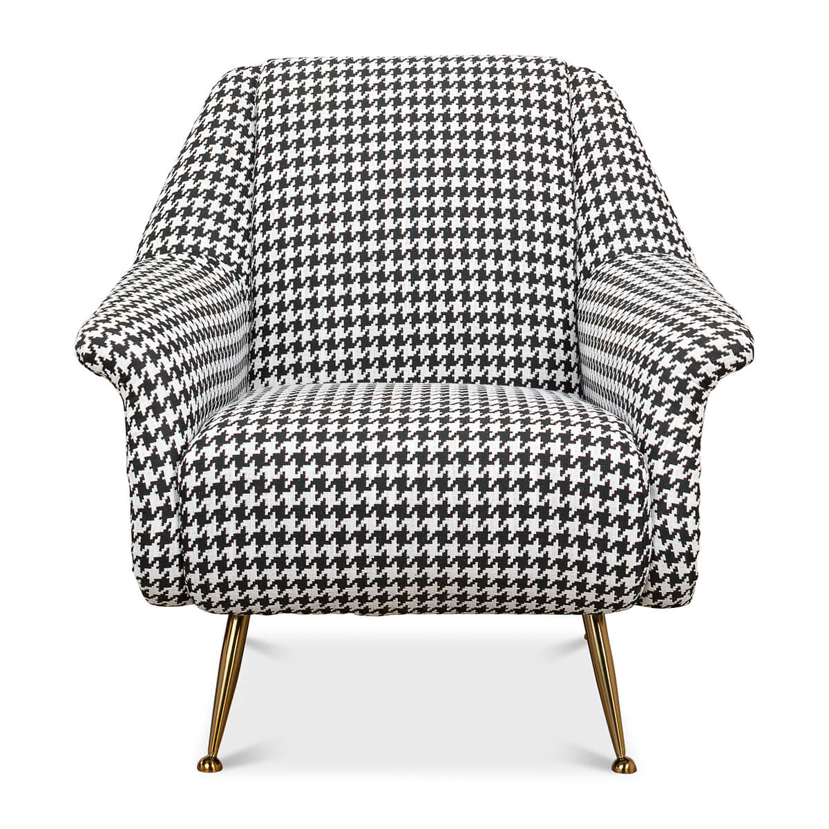 Front view of houndstooth mid-century armchair, accent chair.