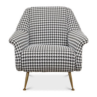 Front view of houndstooth mid-century armchair, accent chair.