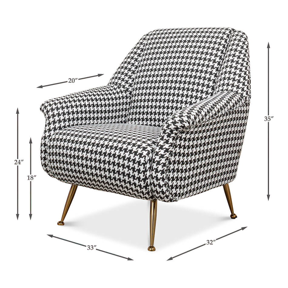 Measurements illustrated, mid-century houndstooth accent armchair.