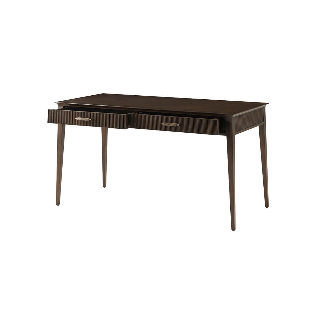 Mid-century inspired desk with open drawer.