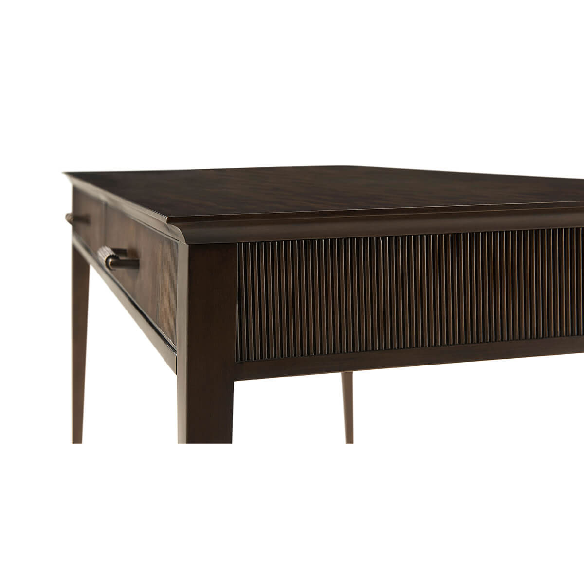Close-up of mid-century writing desk corner detailing.
