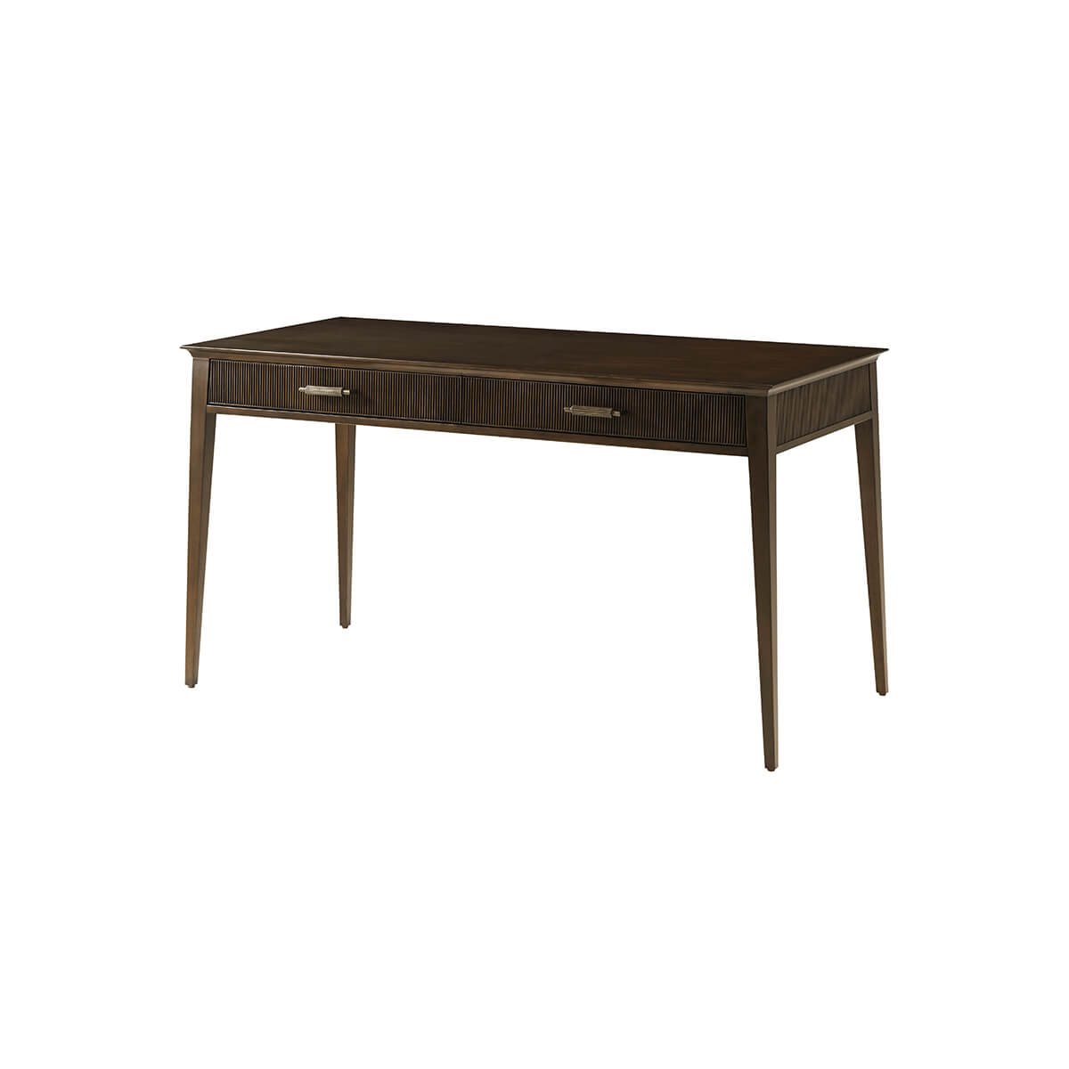 Mid-century inspired writing desk, angled front view.