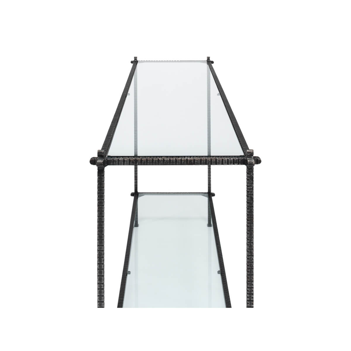 Back view of console table, glass and iron.