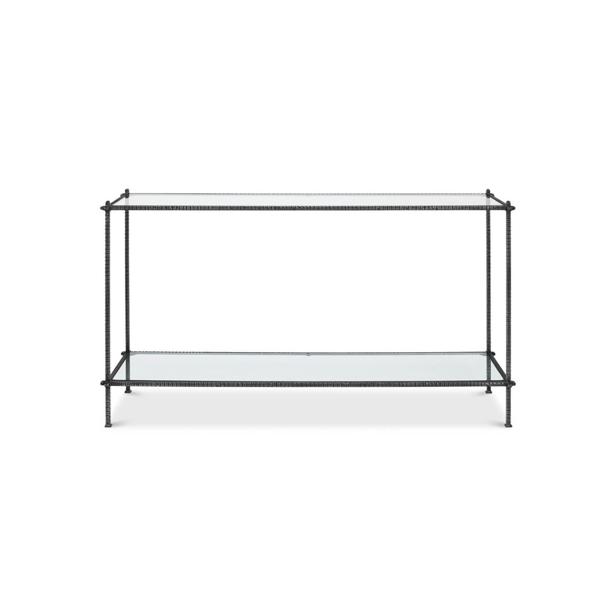Front view of iron and glass console table.