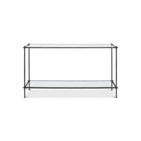 Front view of iron and glass console table.