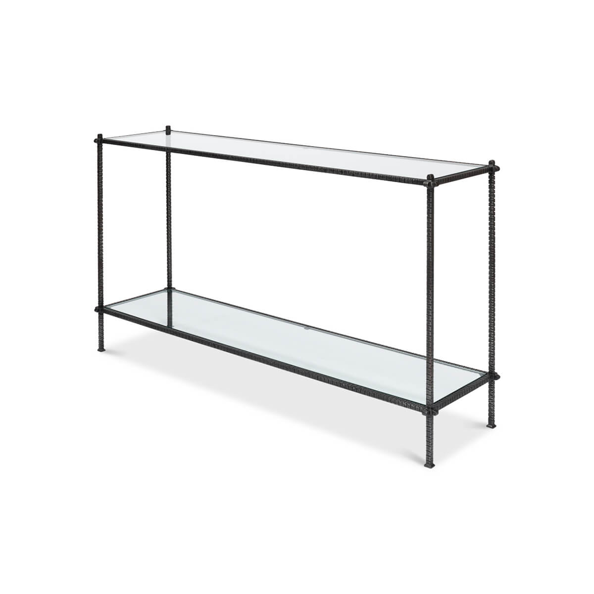 Angled view of glass console table, upper perspective.