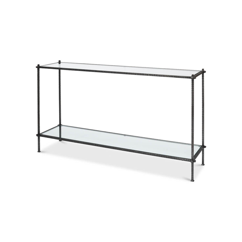 Iron and glass console table, angled view.