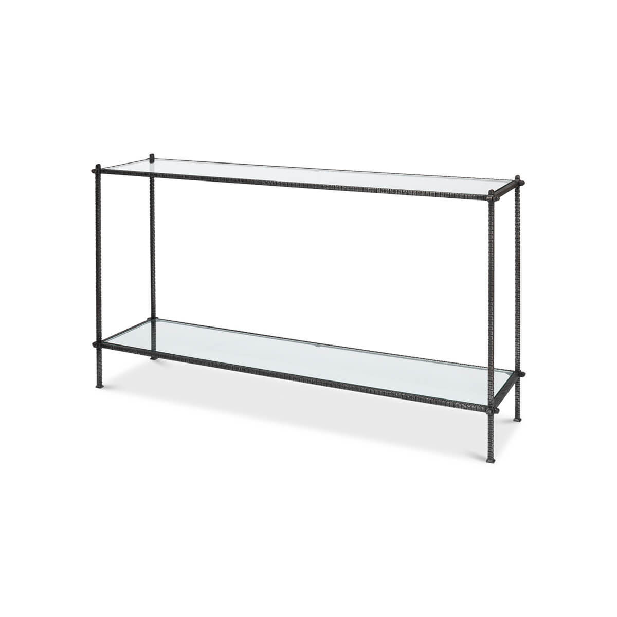 Iron and glass console table, angled view.