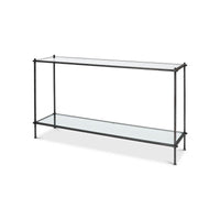 Iron and glass console table, angled view.
