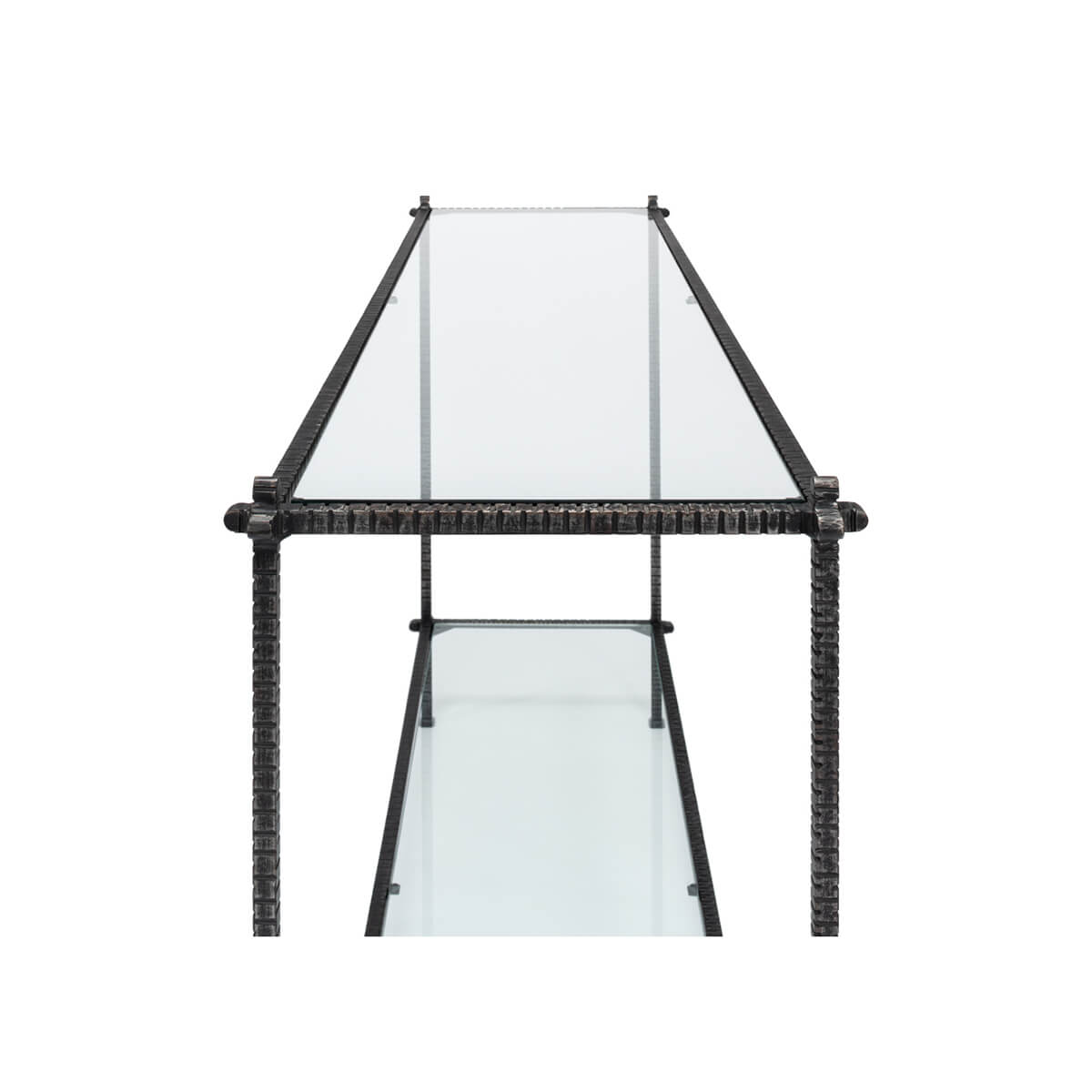 Top view of glass console table, metal frame.