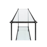 Top view of glass console table, metal frame.