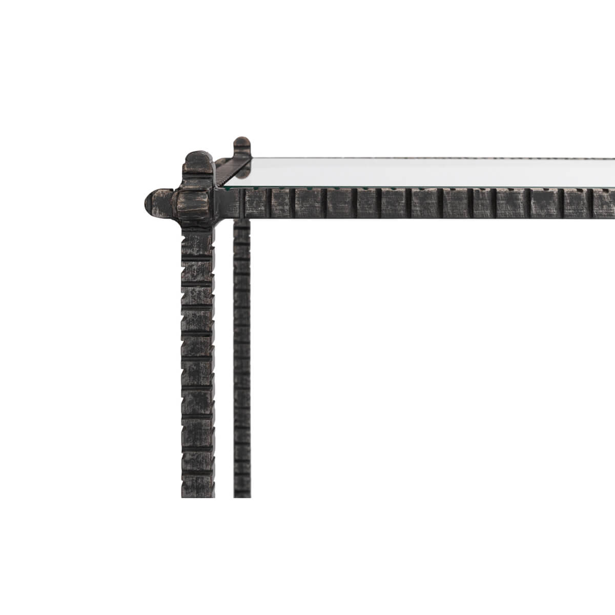 Side profile of iron and glass console table.